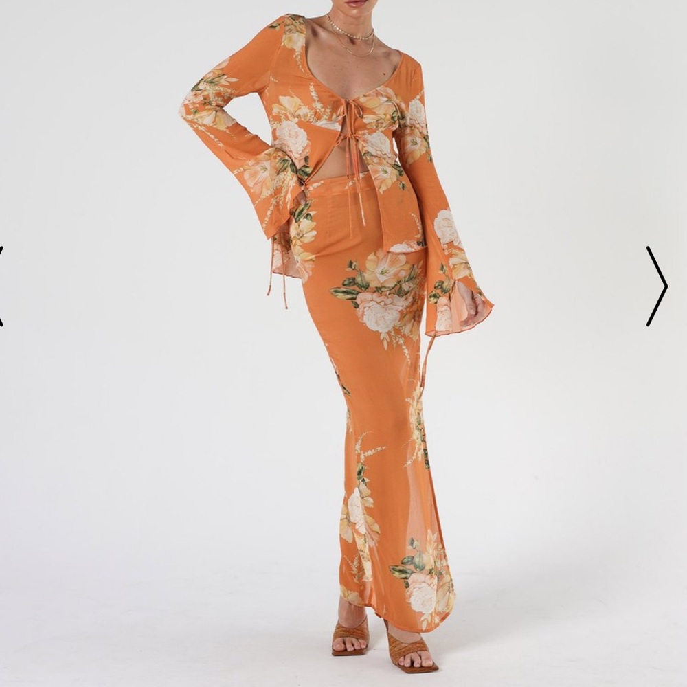 Isabelle Quinn tropical summer orange floral long skirt and top matching set